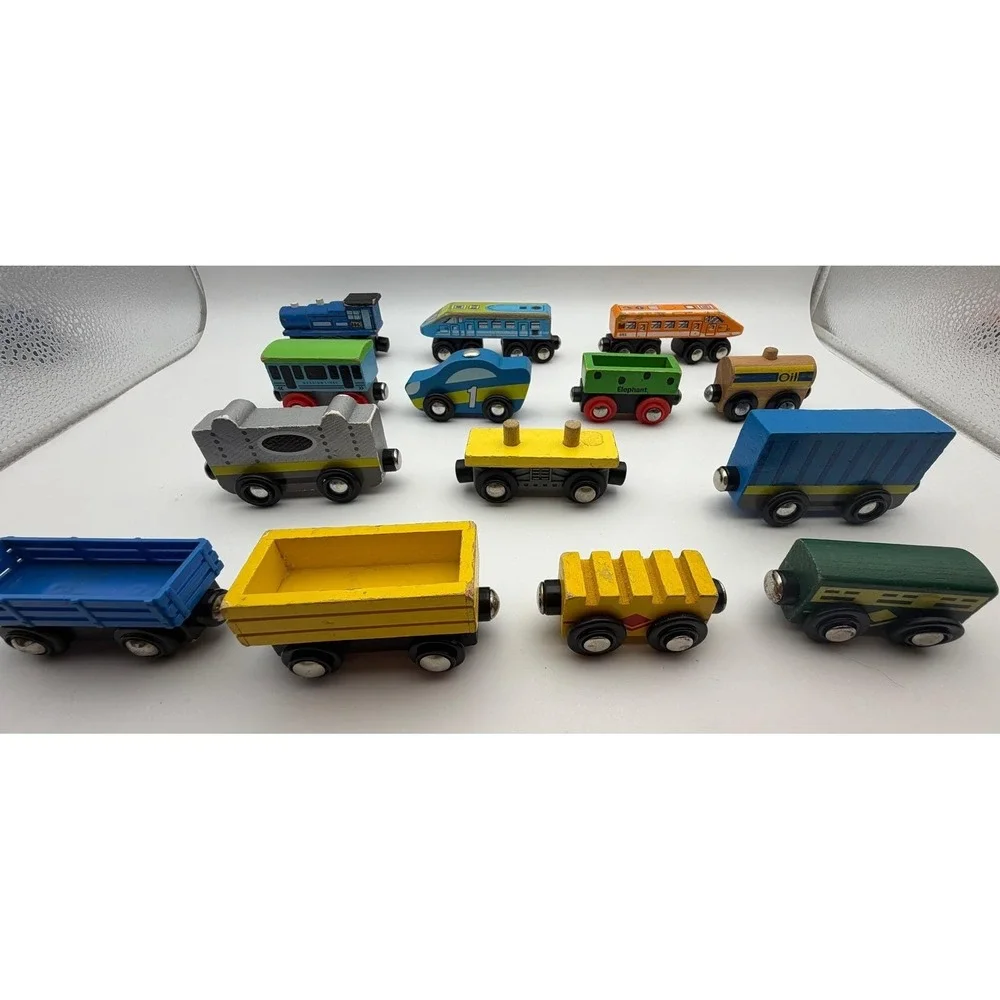 Mixed Wooden Magnetic Train Cars Lot 13pc Engines Freight Passenger Vehicles